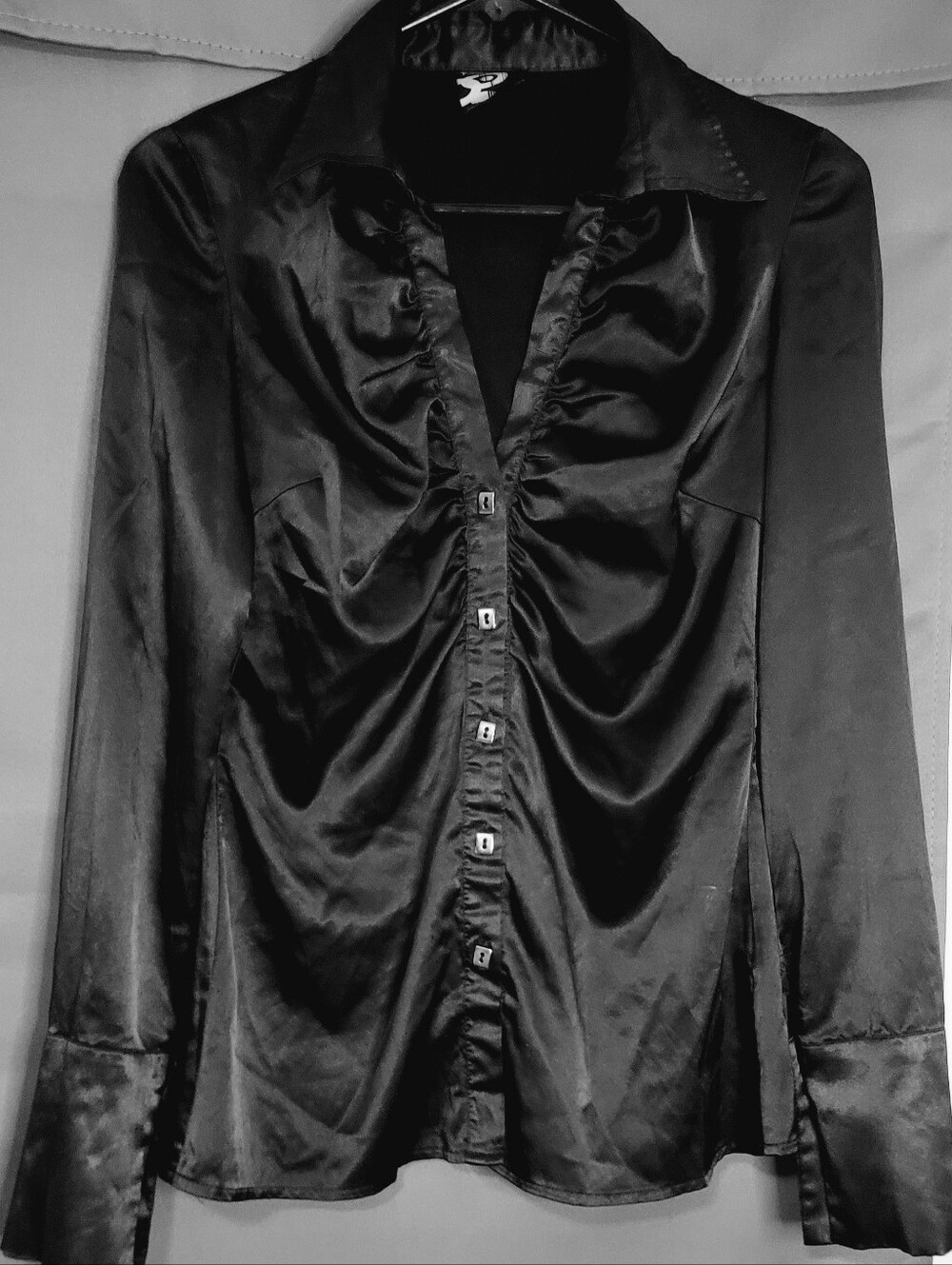 Terranova Black Satin Button-Up Blouse Collared Ruffle Front Long Sleeve Sz M